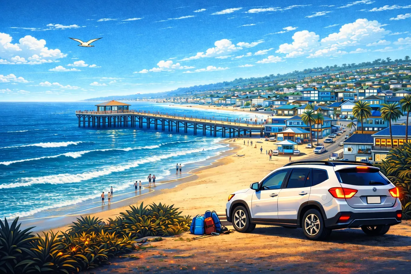 Stylized illustration of a freshly detailed car near Crystal Pier in Pacific Beach, San Diego