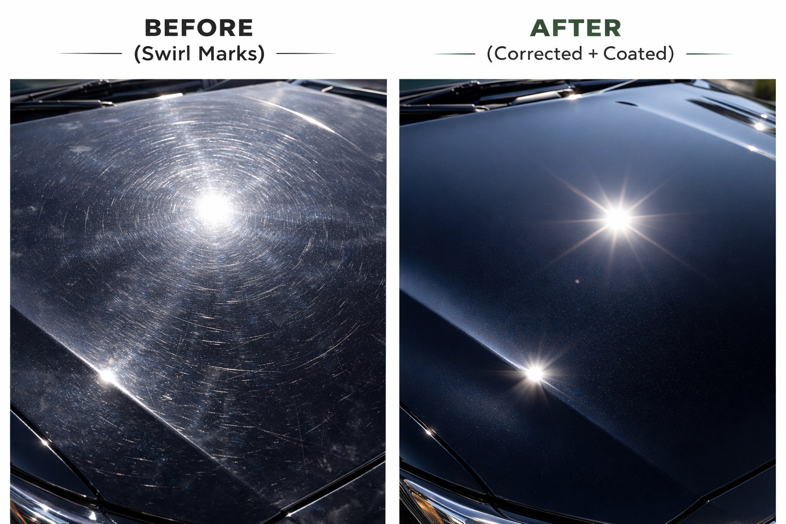 Paint correction swirl removal before and after comparison