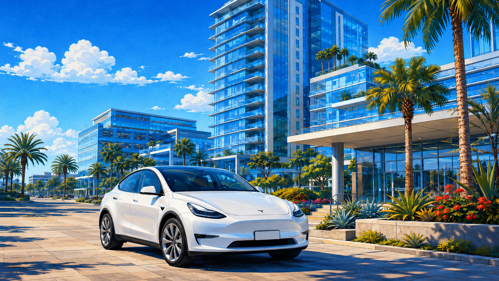 Freshly detailed white Tesla parked in front of a University City high-rise condo in San Diego