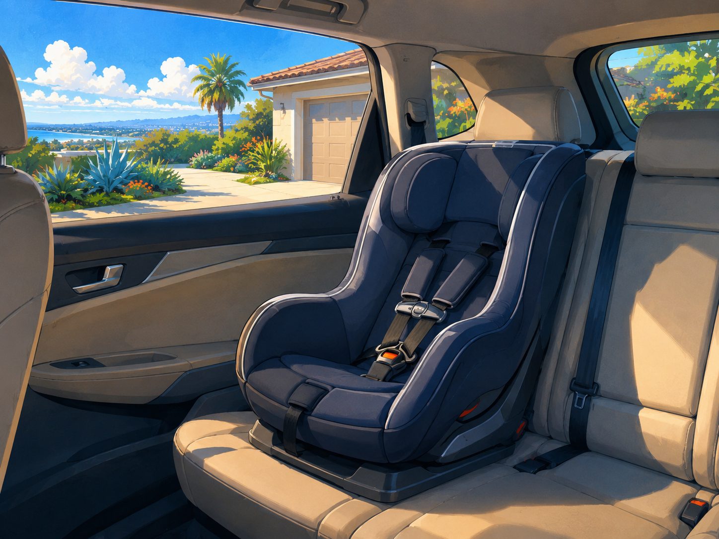 Clean child car seat in the back of an SUV in San Diego