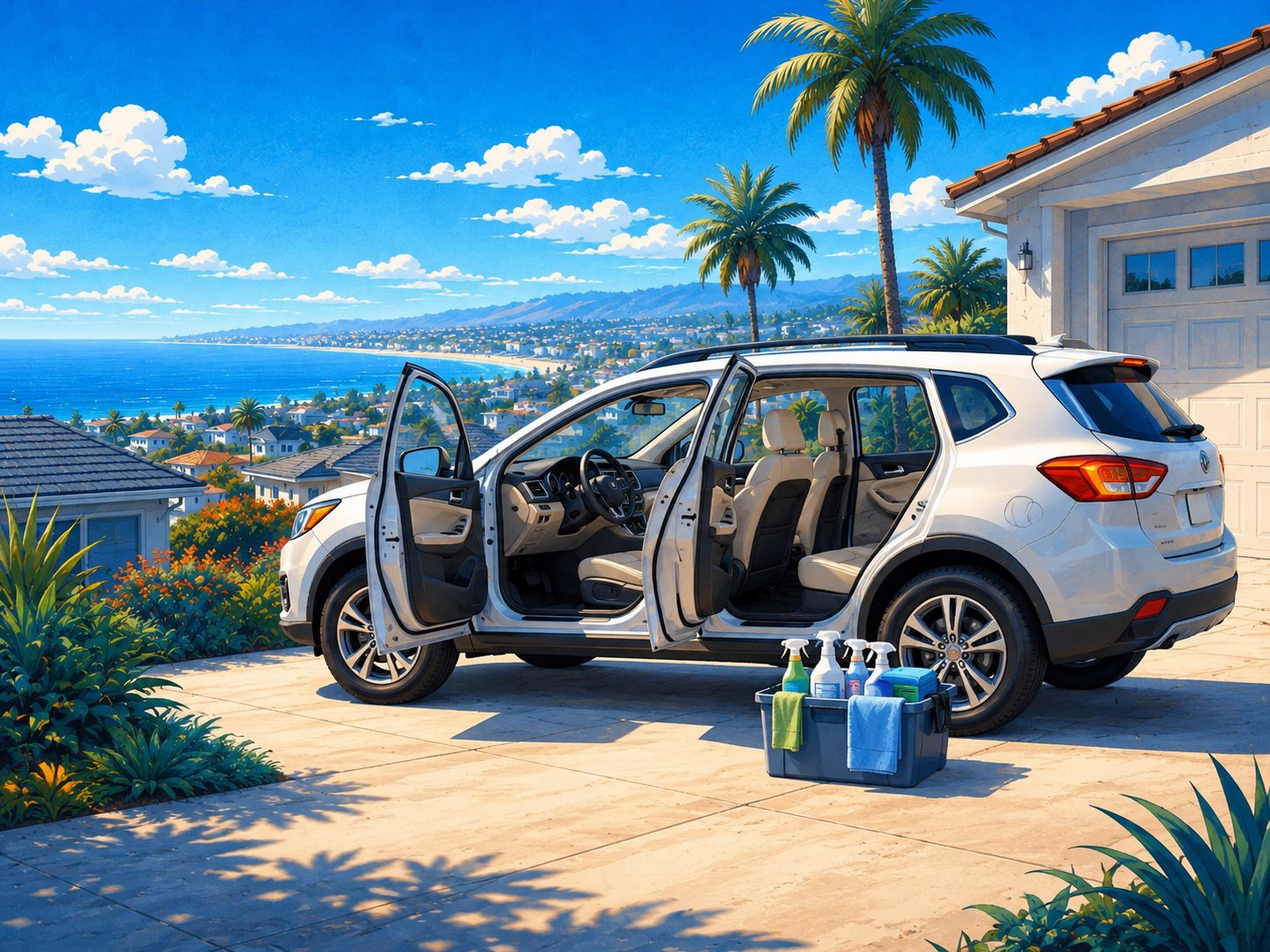 Clean car interior with a professional cleaning caddy after bio-waste cleanup in San Diego
