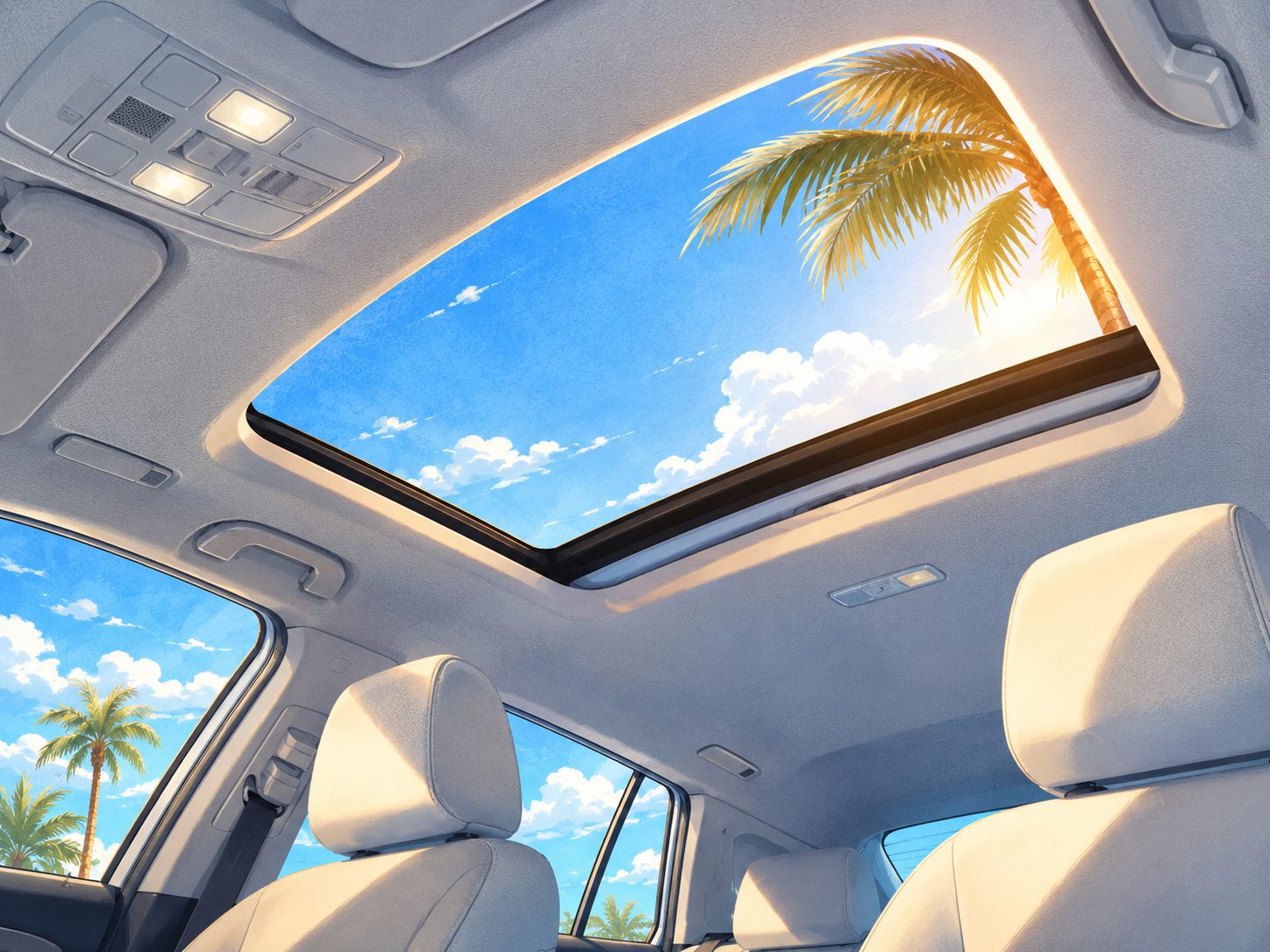 Clean light-grey headliner and sunroof interior in San Diego