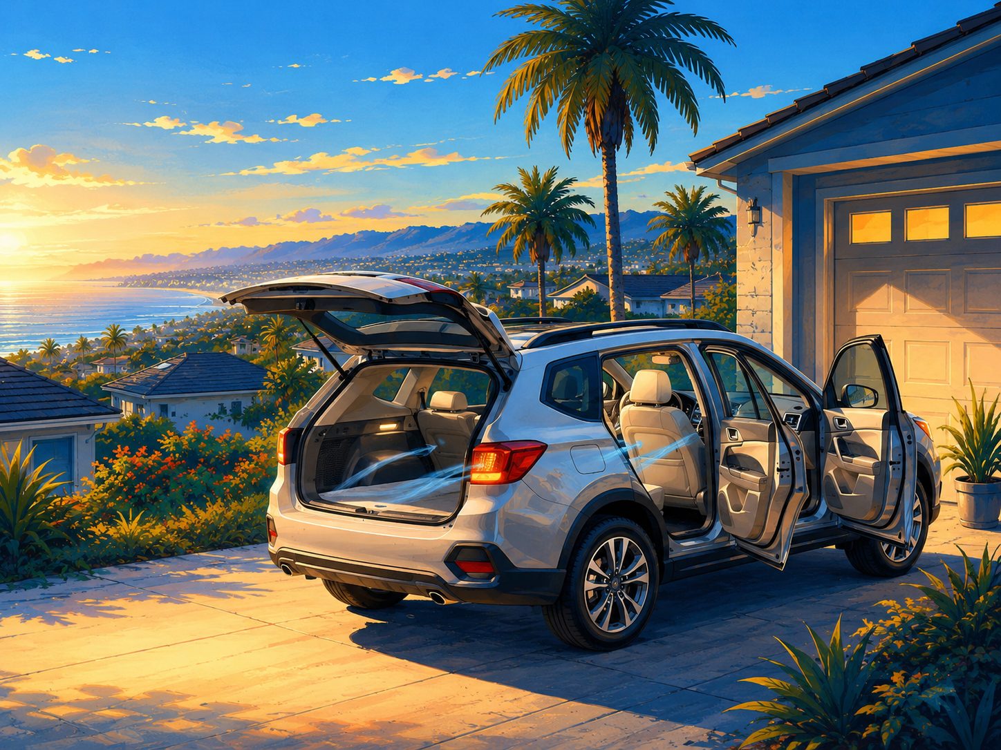 Car with its doors open airing out after odor removal in a San Diego driveway