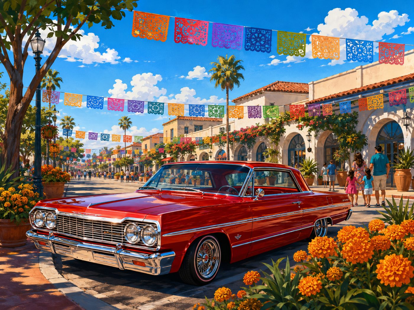 Illustration of a red classic lowrider parked on Third Avenue in Chula Vista under papel picado banners with marigolds. Mobile car detailing in Chula Vista.