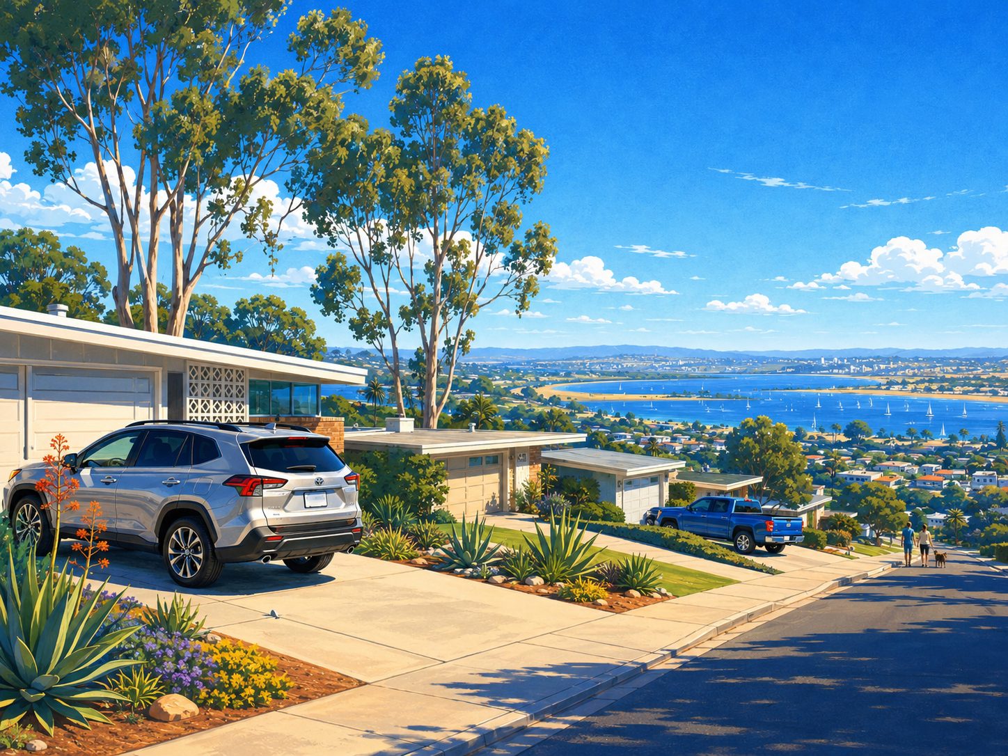 Mid-century Clairemont street with Mission Bay view, mobile detailing illustration