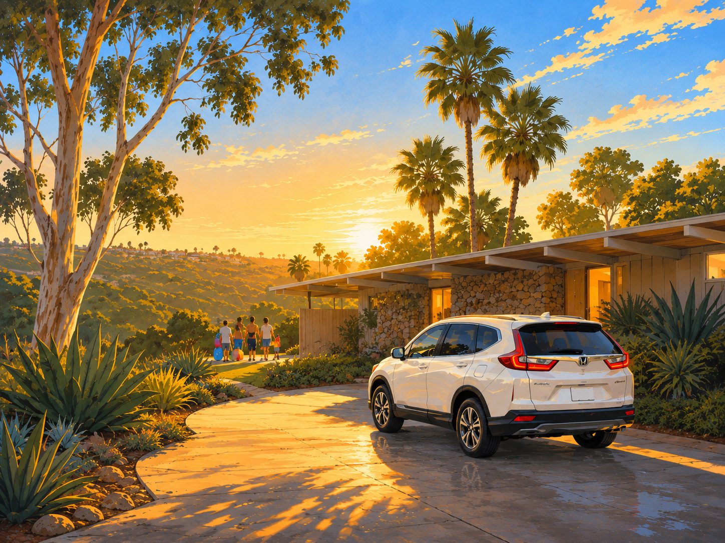 Freshly washed SUV on a Clairemont driveway beside Tecolote Canyon, golden hour illustration