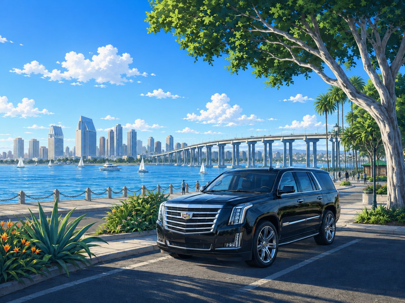 Illustration of the Coronado Ferry Landing with the bridge and San Diego skyline and a detailed black Cadillac Escalade