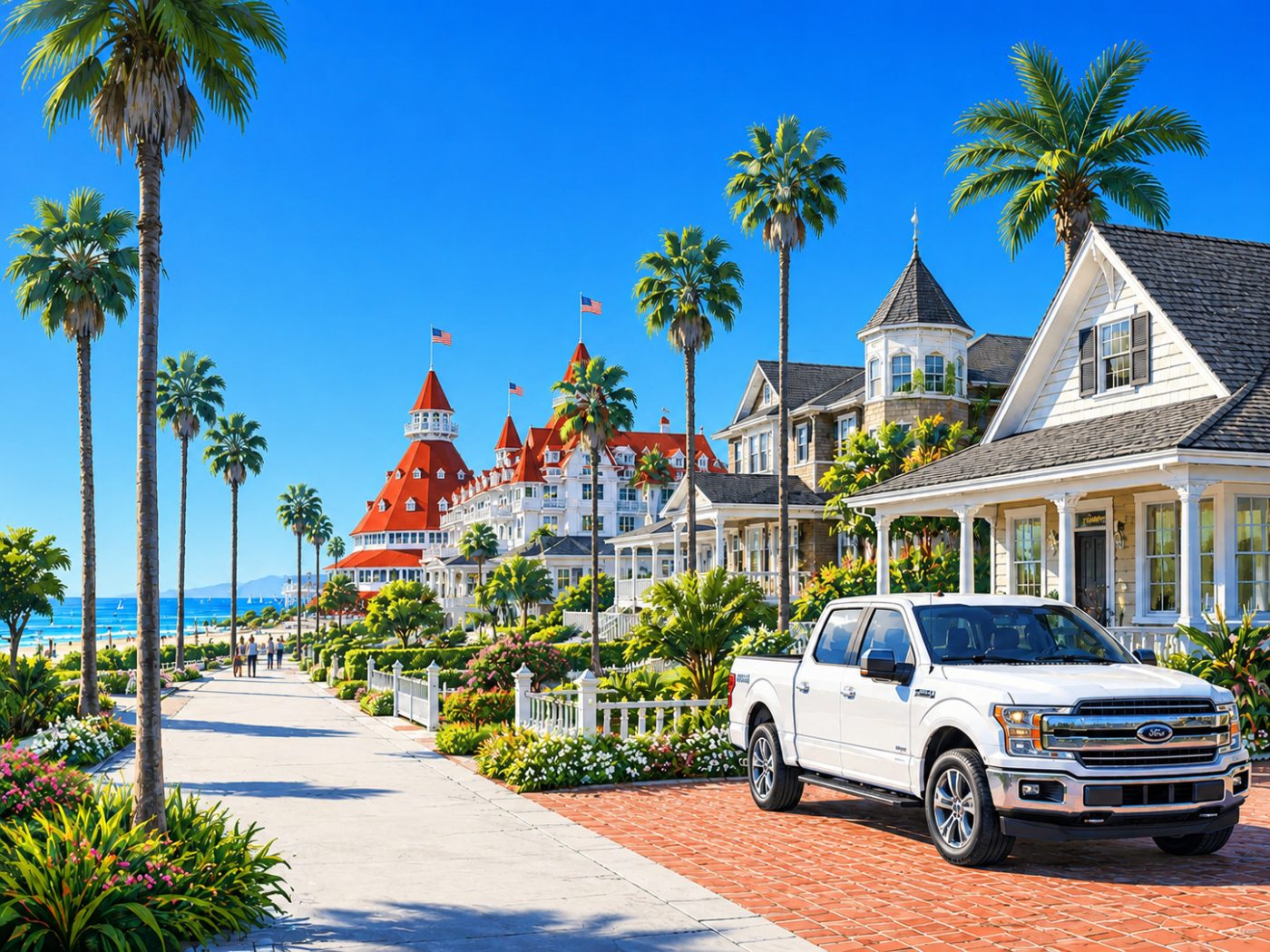 Illustration of a Coronado street with the Hotel del Coronado and a freshly detailed white Ford F-150 in a driveway