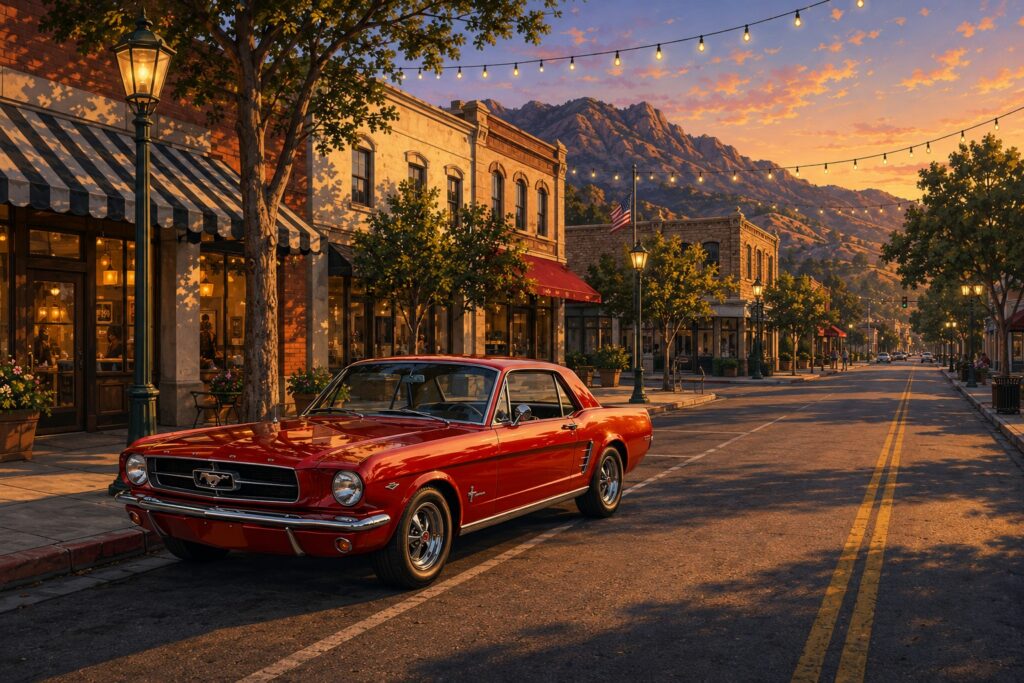 Illustration of downtown El Cajon Main Street with a classic red Ford Mustang parked at the kerb. Mobile car detailing in El Cajon.