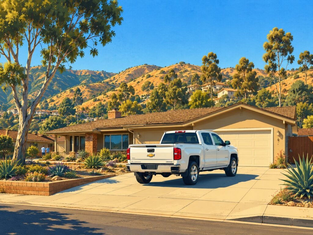 Illustration of an El Cajon valley neighborhood with a white Chevrolet Silverado in the driveway. Mobile car detailing in El Cajon.