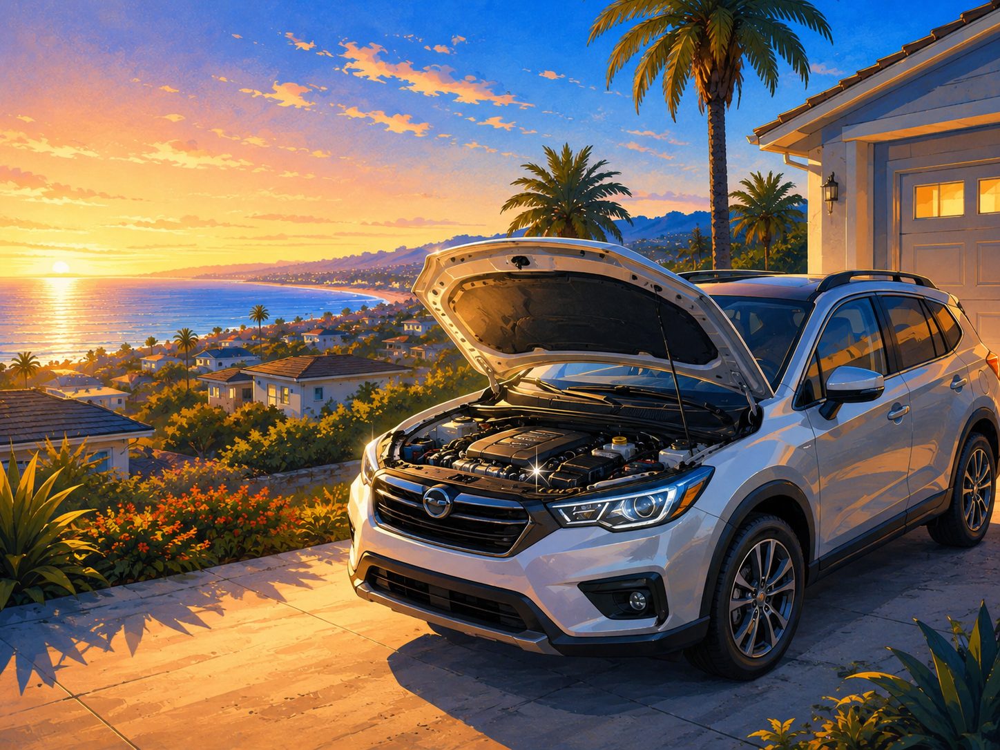Open hood showing a clean, detailed engine bay in a San Diego driveway