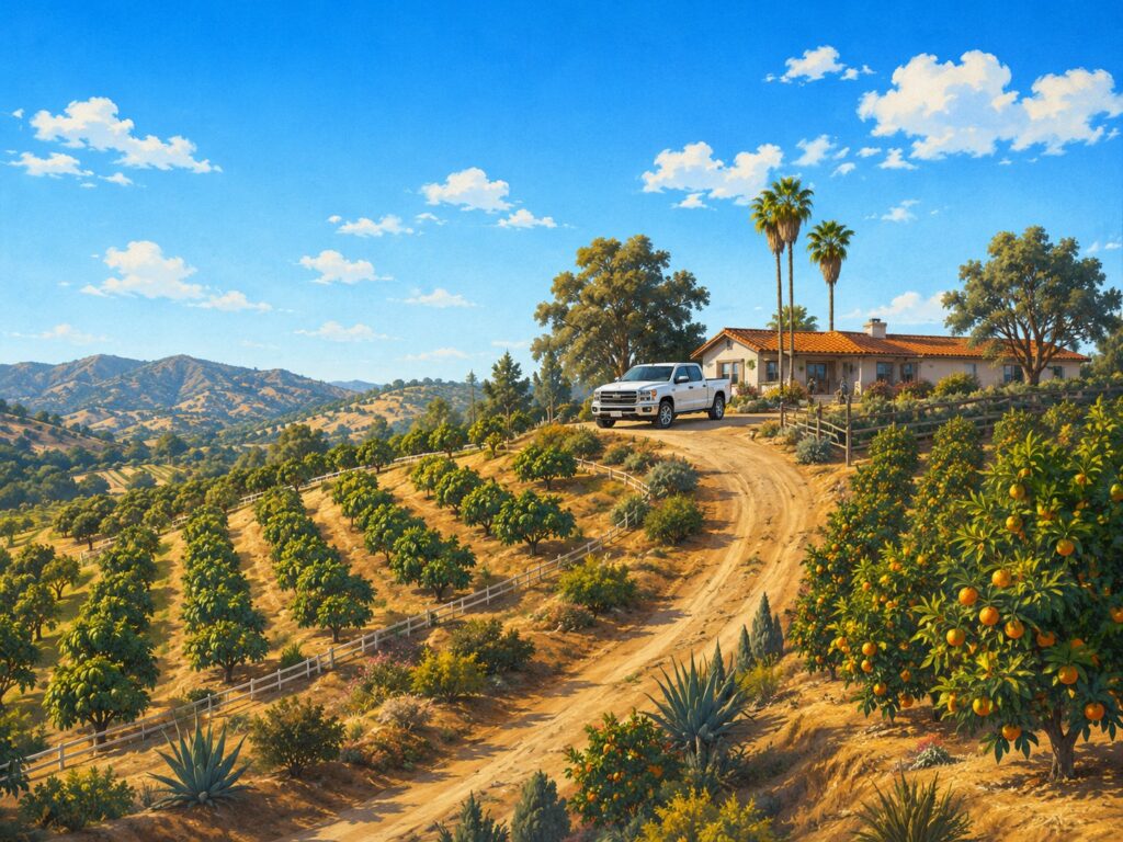 Illustration of Escondido avocado groves and a ranch driveway with a white Toyota Tundra. Mobile car detailing in Escondido.