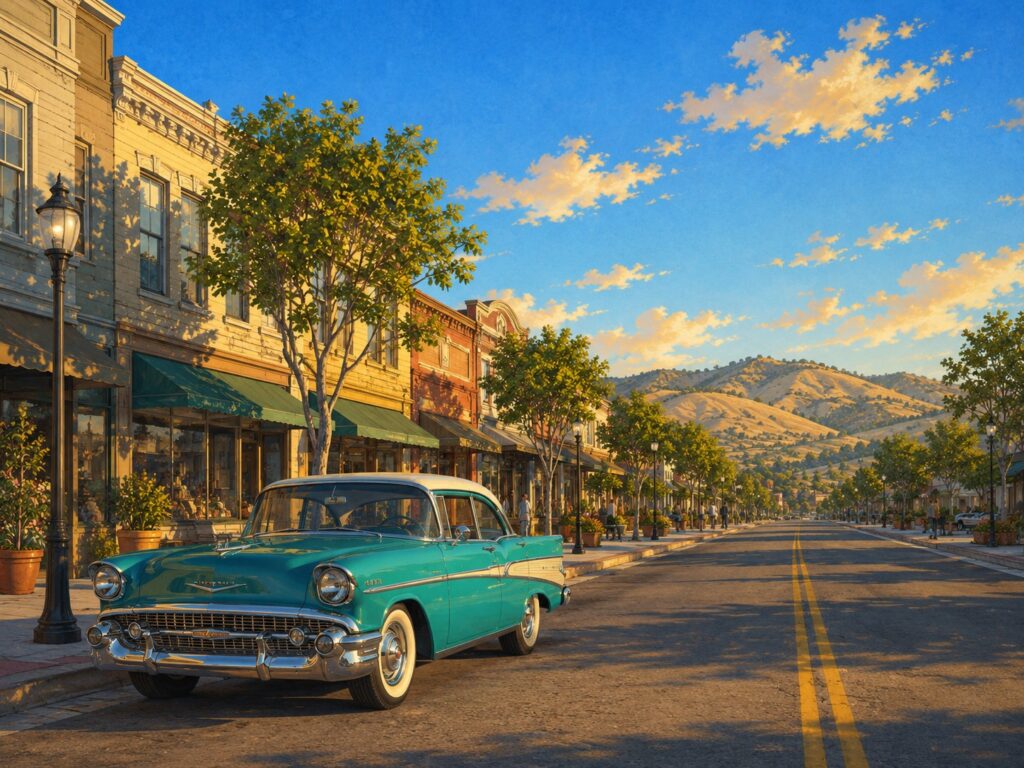 Illustration of downtown Escondido Grand Avenue with a teal classic car parked at the kerb. Mobile car detailing in Escondido.
