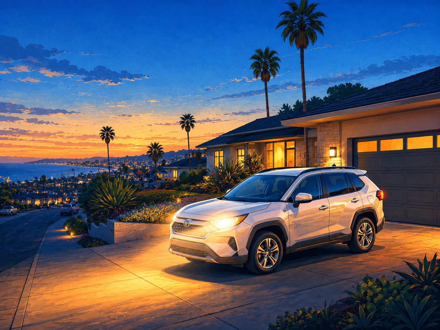 SUV with restored, crystal-clear headlights in a San Diego driveway at dusk
