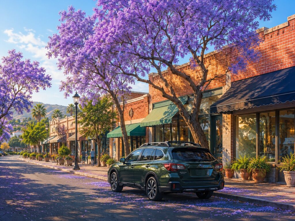 Illustration of La Mesa Village with jacaranda trees in bloom and a dark green Subaru Outback parked beneath them. Mobile car detailing in La Mesa.