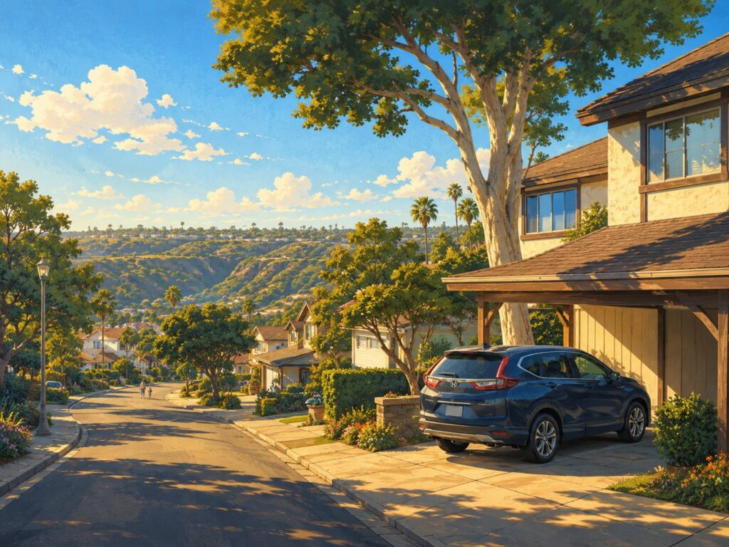 Illustration of a Mira Mesa residential street with a dark blue Honda CR-V in a driveway near the canyon. Mobile car detailing in Mira Mesa.