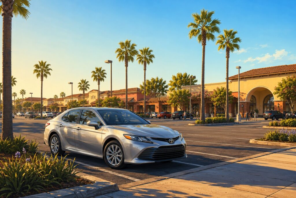 Illustration of a Mira Mesa shopping plaza with a silver Toyota Camry parked in the lot. Mobile car detailing in Mira Mesa.
