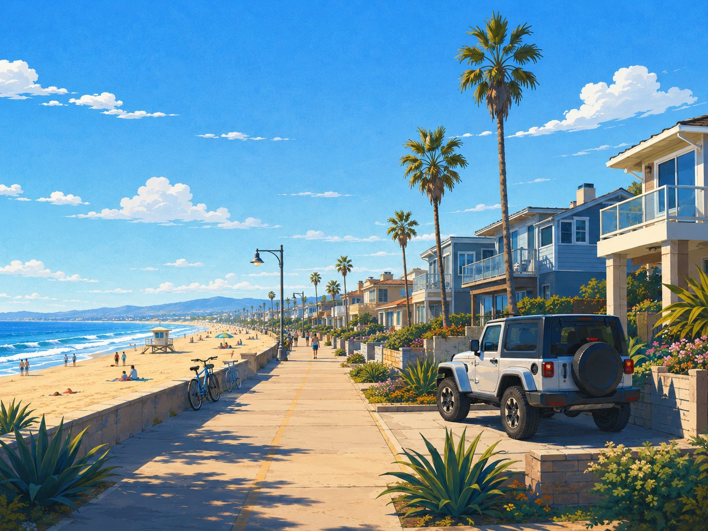 Mission Beach boardwalk on Ocean Front Walk with a freshly detailed SUV parked nearby