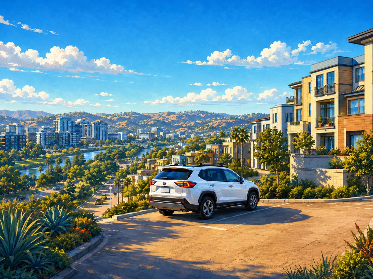 Illustration of Mission Valley condos along Friars Road with a Toyota SUV and a Tesla in a condo motor court. Mobile car detailing in Mission Valley.