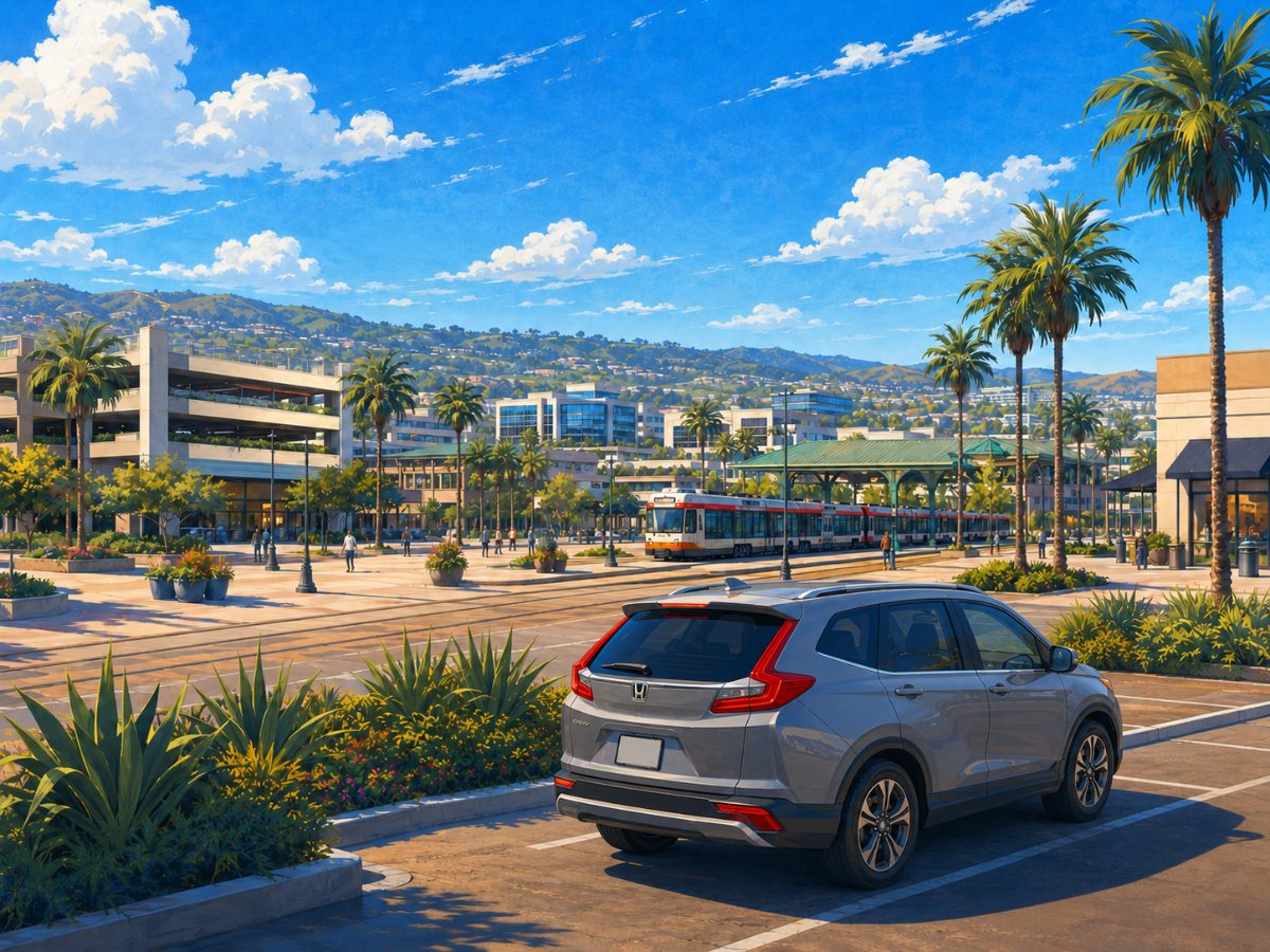 Illustration of the Fashion Valley shopping district in Mission Valley with a Honda SUV and a BMW at the curb. Mobile car detailing in Mission Valley.