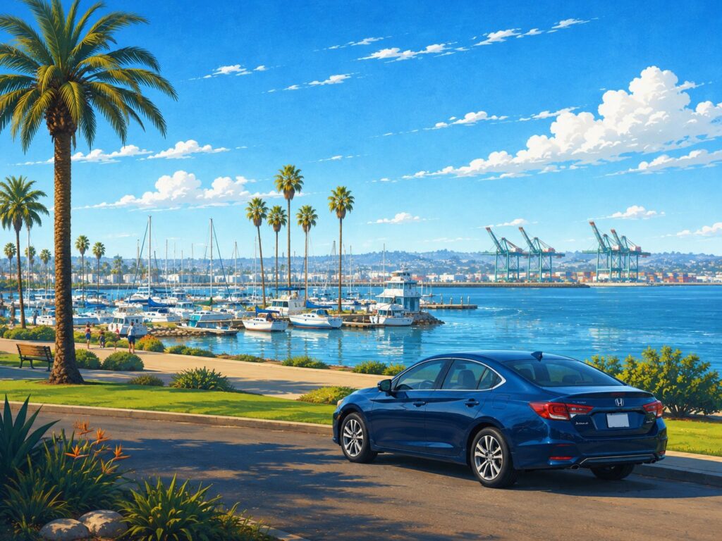 Illustration of the National City bayfront marina with a dark blue Honda Accord along the waterfront road. Mobile car detailing in National City.