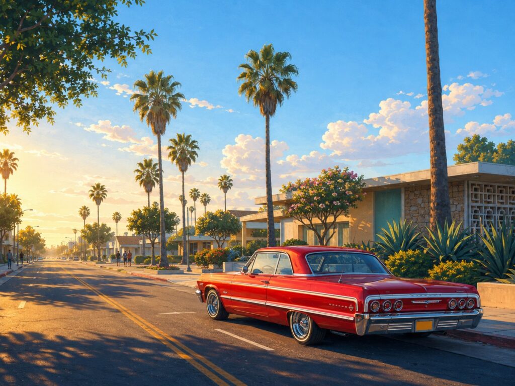 Illustration of a palm-lined National City boulevard with a candy-red Chevrolet Impala parked at the kerb. Mobile car detailing in National City.