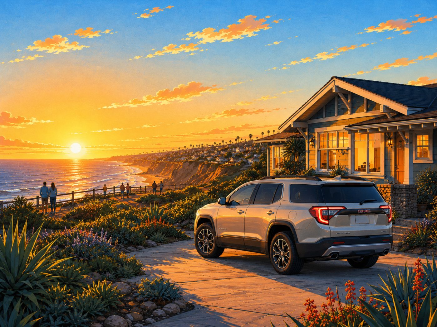 Illustration of a silver SUV parked in a bungalow driveway near Sunset Cliffs at sunset in Ocean Beach. Auto detailing in Ocean Beach.