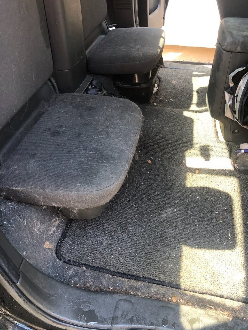 Truck back seat covered in pet hair before pet hair removal in San Diego