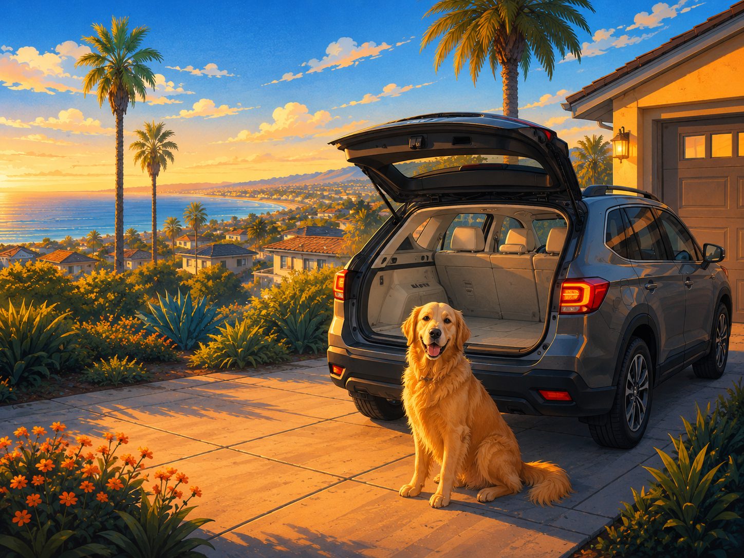 Golden retriever beside a clean SUV trunk after pet hair removal in a San Diego driveway