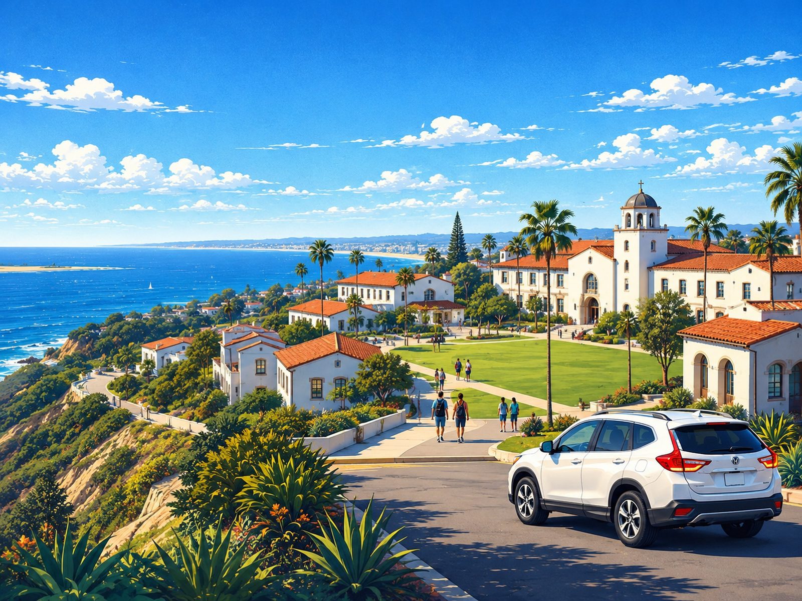 Illustration of the Point Loma Nazarene University campus on the ocean bluffs. Mobile car detailing in Point Loma.