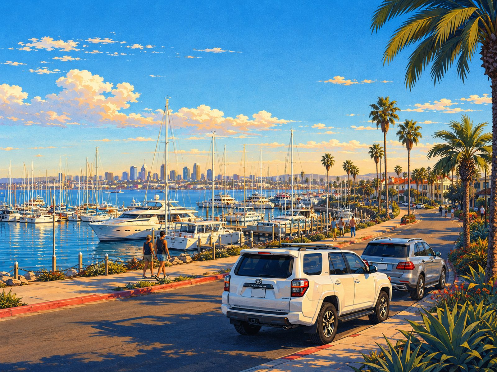 Illustration of the Shelter Island marina drive in Point Loma with sailboat masts and parked SUVs. Mobile car detailing in Point Loma.