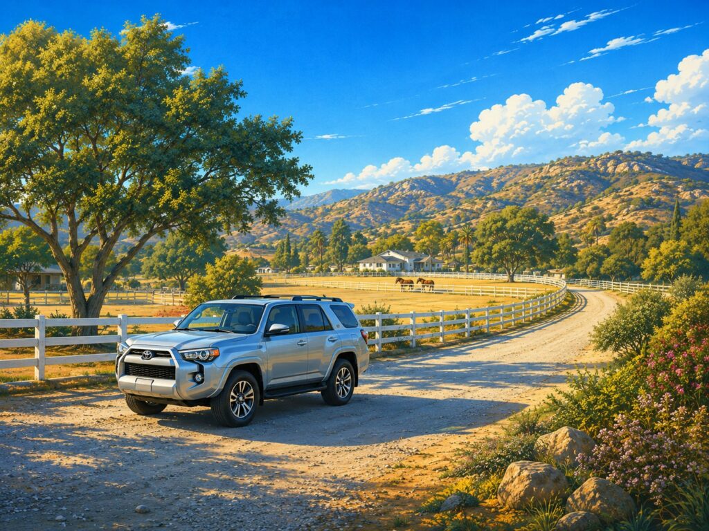 Illustration of a Poway horse property with white fencing and a silver Toyota 4Runner on the gravel drive. Mobile car detailing in Poway.