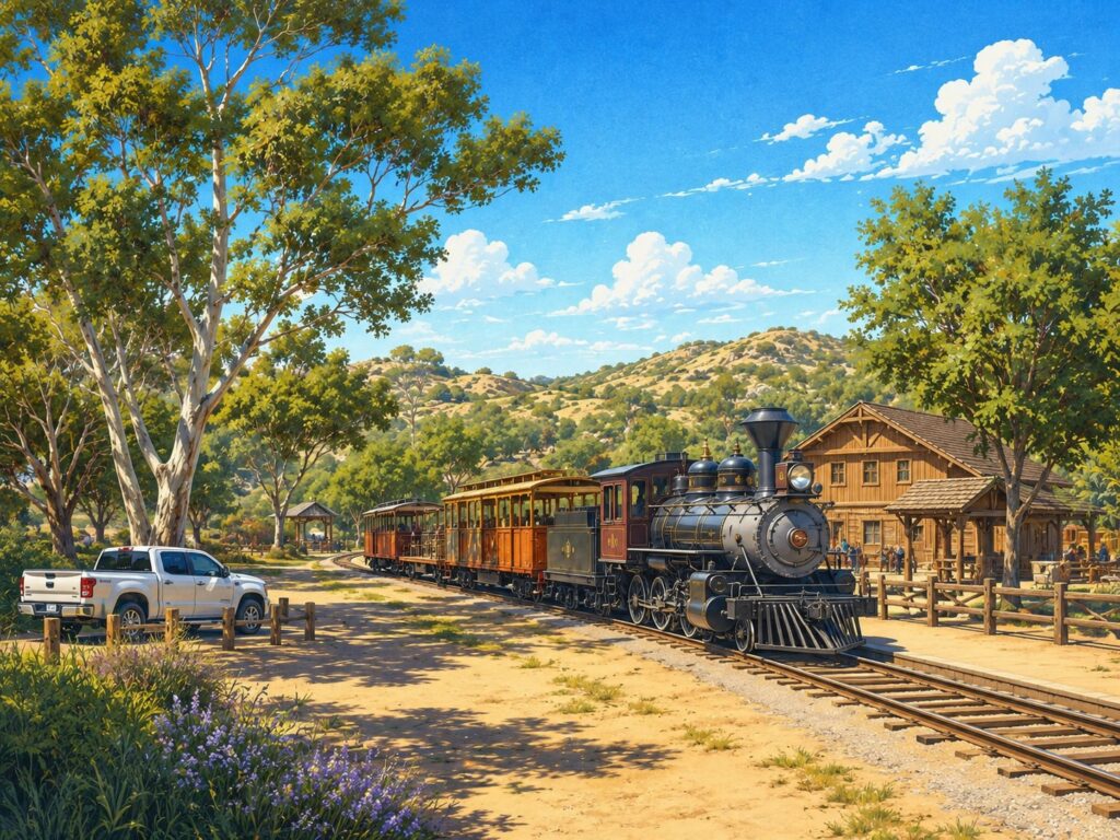 Illustration of Old Poway Park with a vintage steam locomotive and a white Ford F-150 parked nearby. Mobile car detailing in Poway.