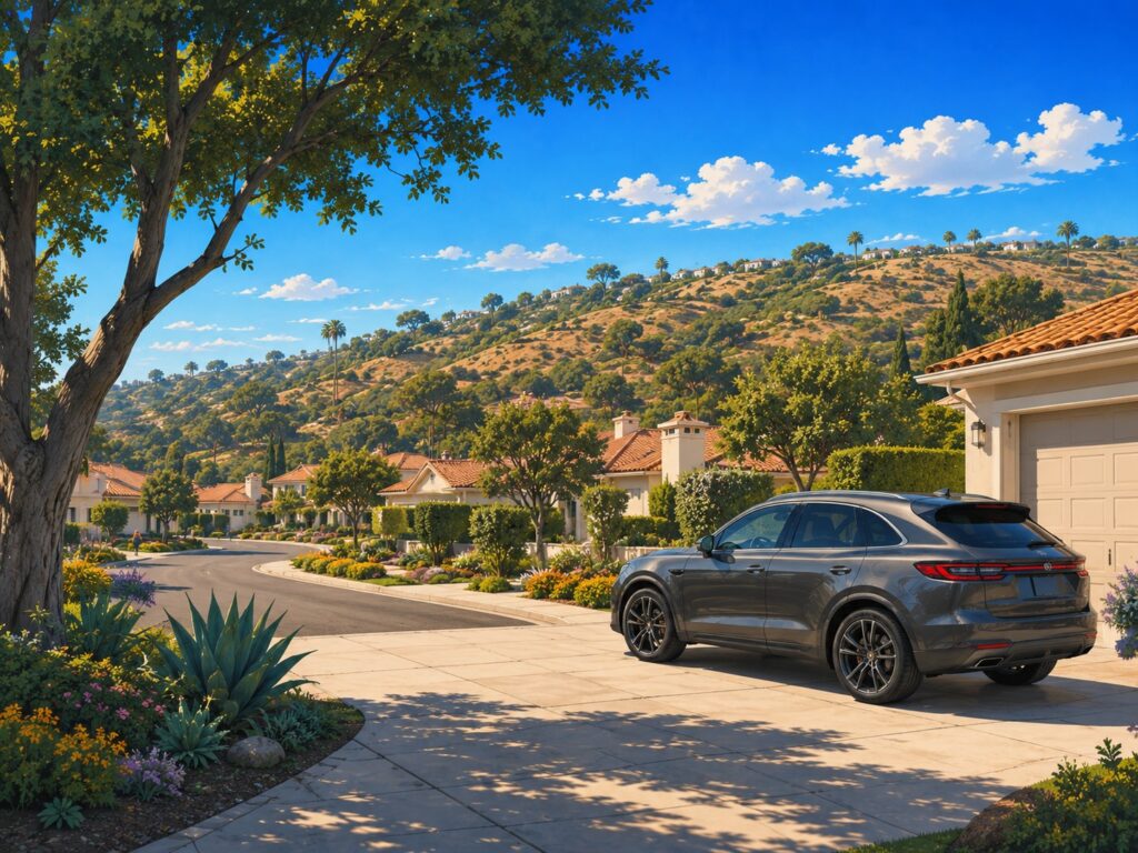 Illustration of a Rancho Bernardo master-planned street with a grey Lexus RX in a wide driveway. Mobile car detailing in Rancho Bernardo.