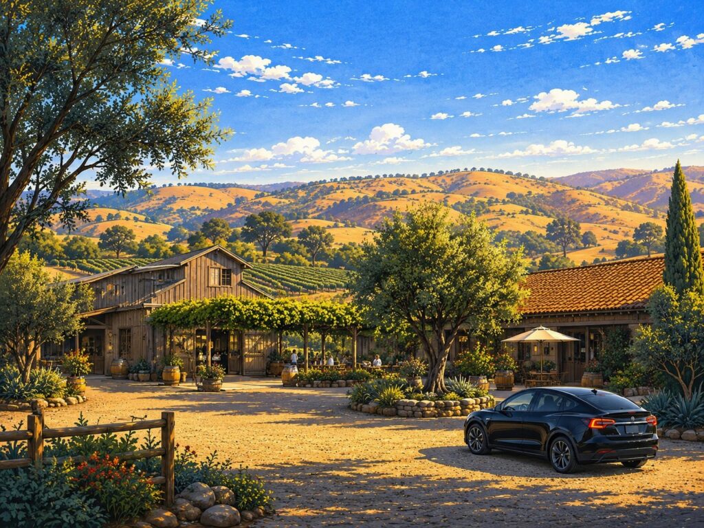 Illustration of a Rancho Bernardo winery courtyard with a black Tesla Model Y parked on the gravel. Mobile car detailing in Rancho Bernardo.