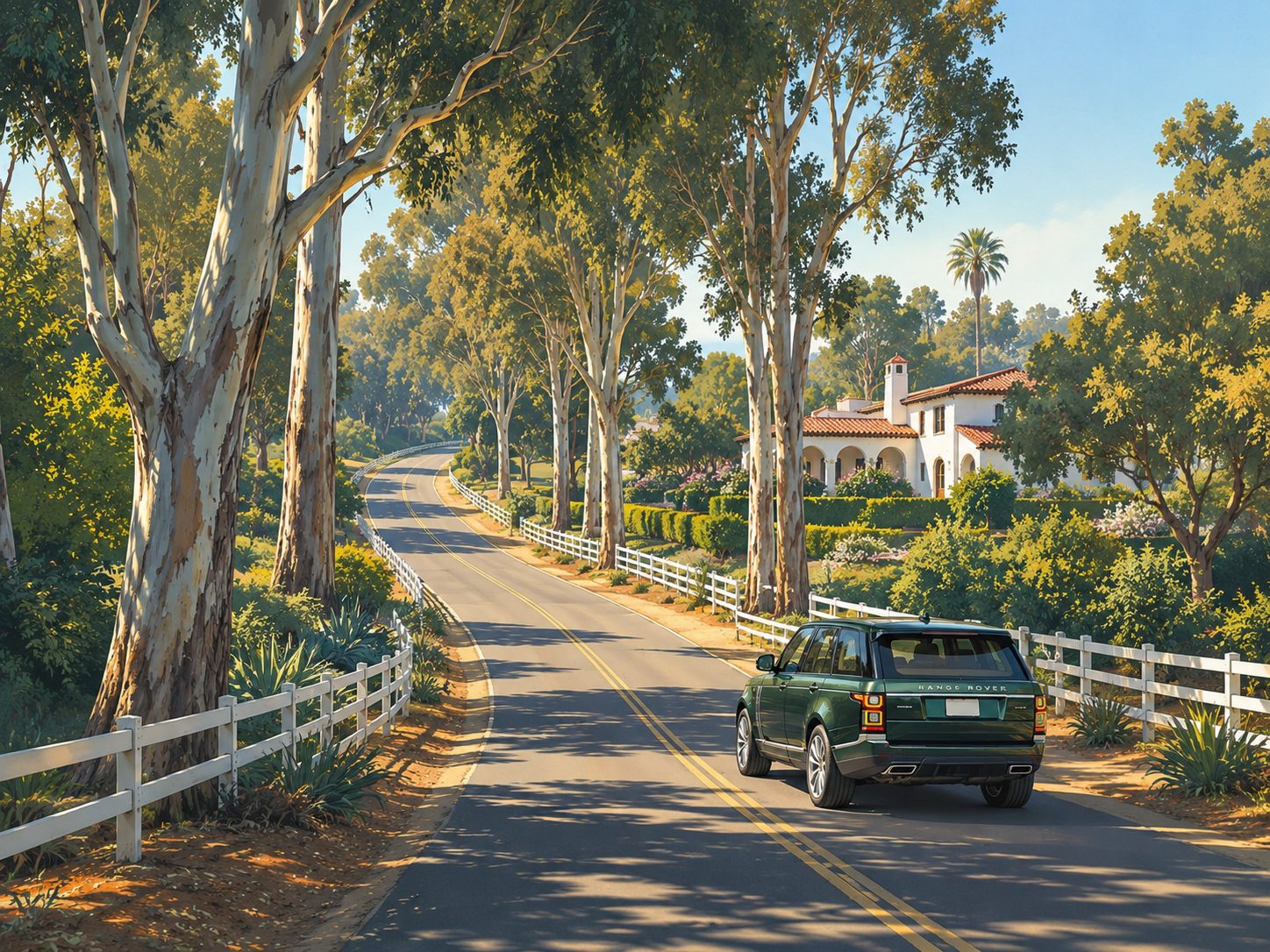 Eucalyptus-lined country lane in Rancho Santa Fe with a Range Rover passing white ranch fencing. Car detailing in Rancho Santa Fe.