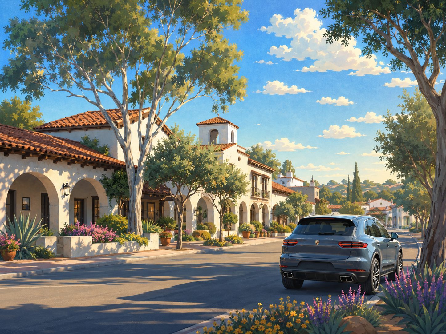 Rancho Santa Fe village shops on Paseo Delicias with cars parked out front. Car detailing in Rancho Santa Fe.