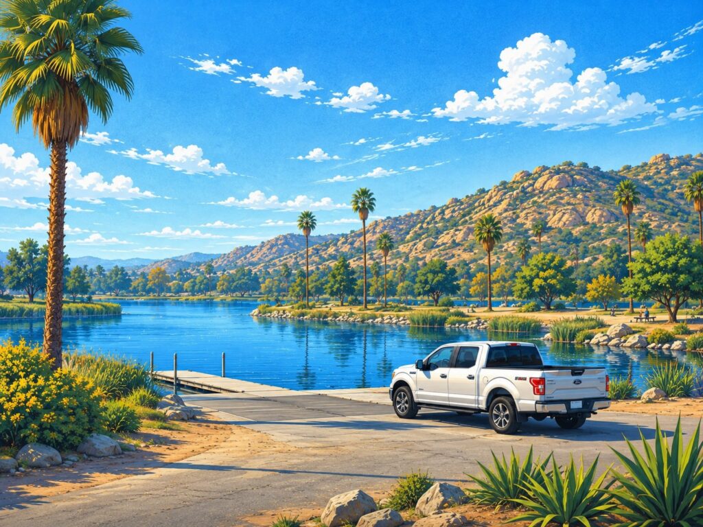 Illustration of Santee Lakes with a white Ford F-150 parked near the boat ramp. Mobile car detailing in Santee.