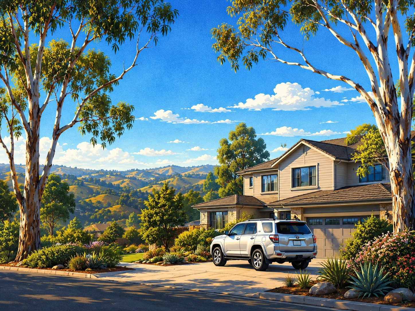 Mobile car detailing at a Scripps Ranch home framed by eucalyptus trees