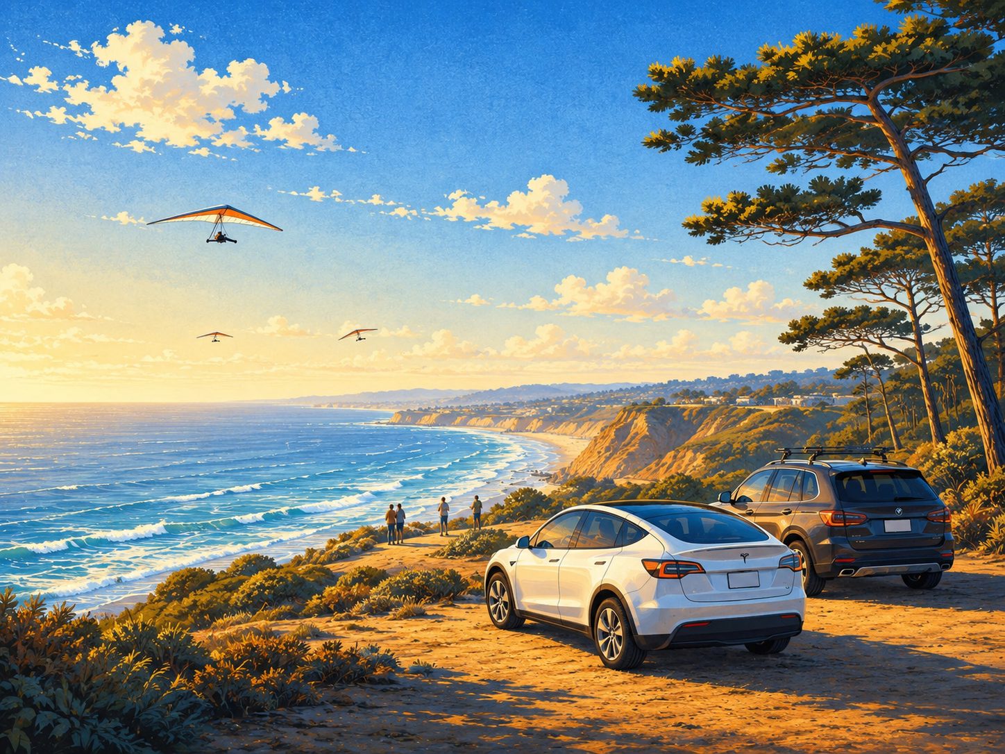 Illustration of the Torrey Pines Gliderport bluff at golden hour with hang gliders over the ocean and cars parked at the overlook. Mobile car detailing in Torrey Pines.