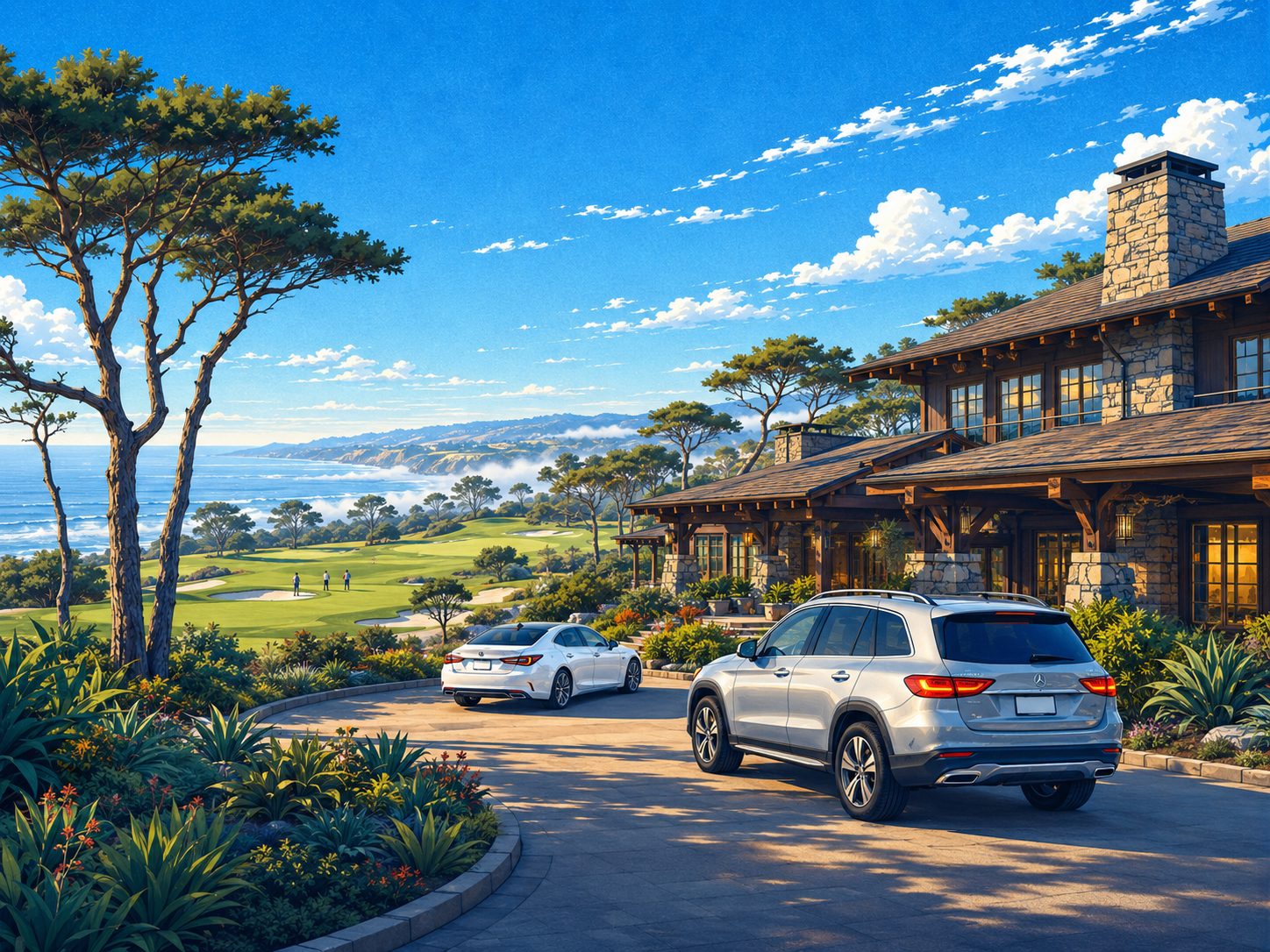 Illustration of a Craftsman lodge beside the Torrey Pines golf course with an SUV and sedan parked in the driveway. Mobile car detailing in Torrey Pines.